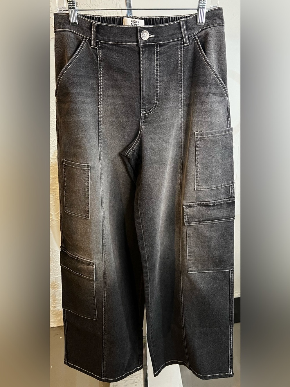 Madden NYC Black Wash denim wide leg/skater/cargo pants size S